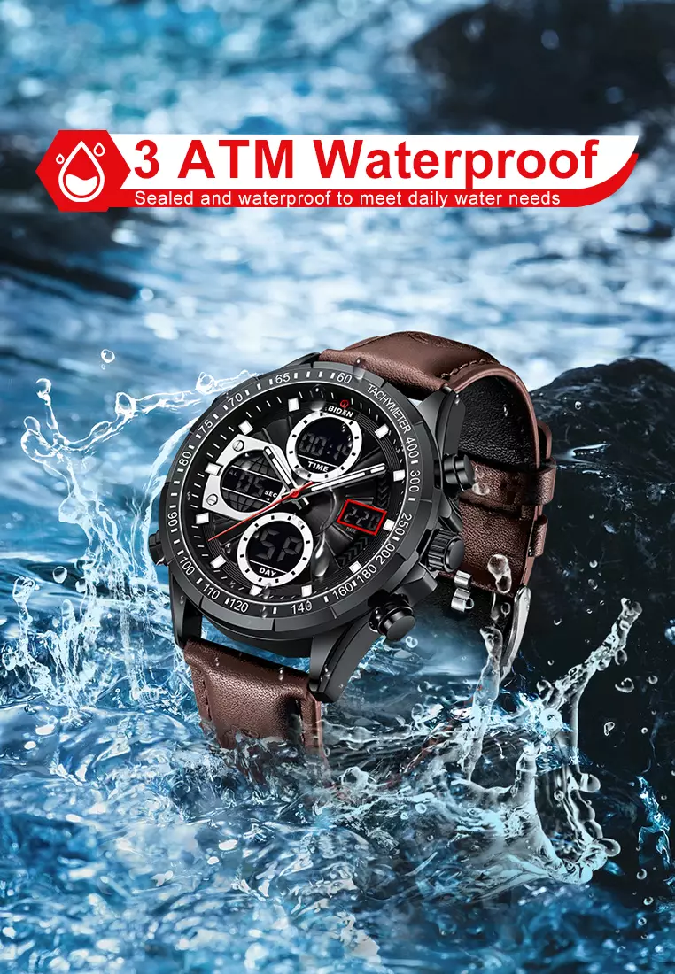Jam Tangan Pria Original Multifungsi Analog&Digital Tali Kulit Olahraga Anti Air Jam Tangan Cowok Brownblack