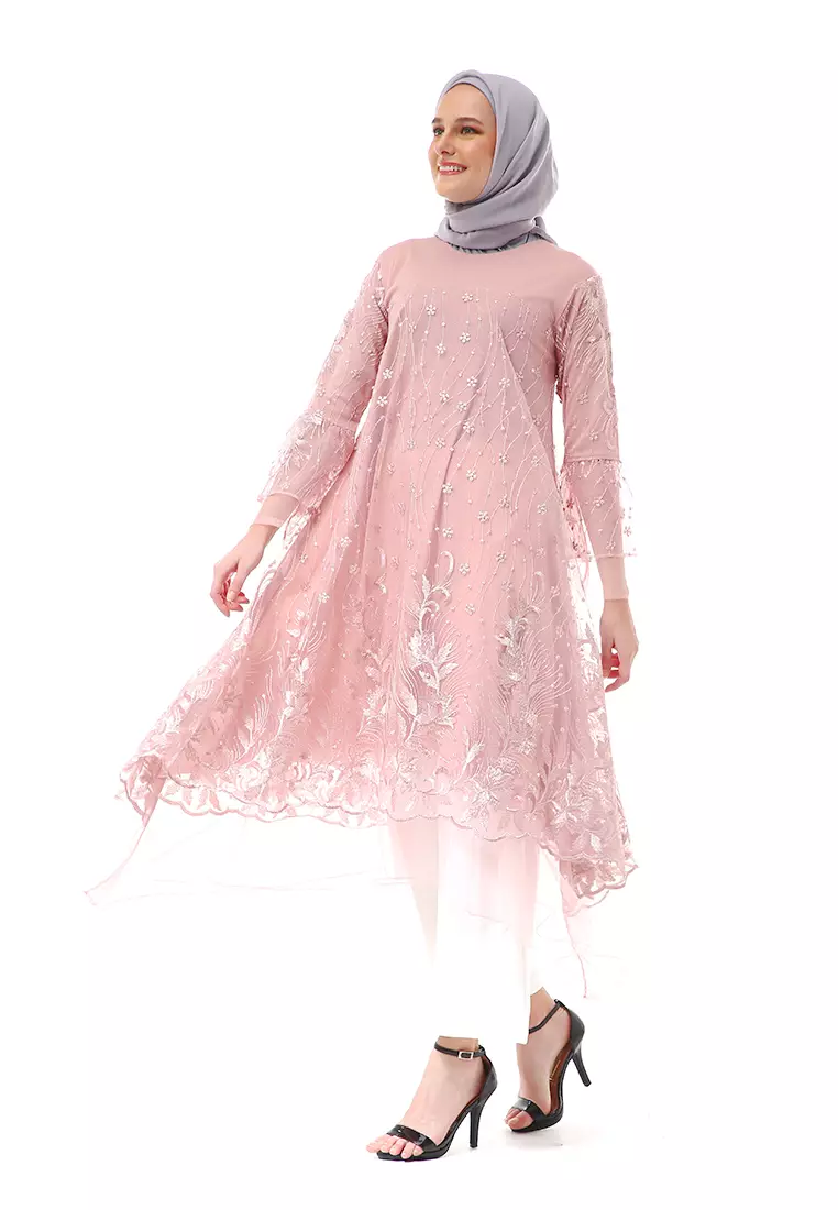 Laika Dress Muslimah Brukat Long Sleeve High Quality Premium Wanita - Rose Gold