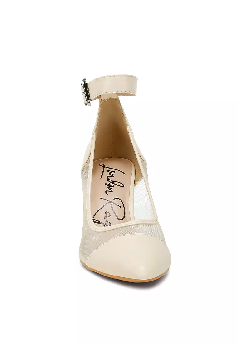 Beige Pointy Toe Ankle Strap Pumps