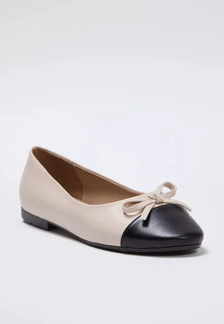 Beige Bow Detailed Color Blocked Almond Toe Women's Ballerinas Takss25Be00000