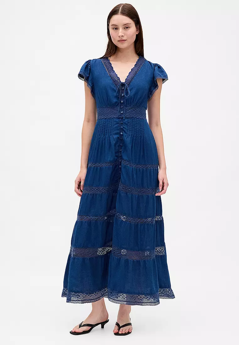 Buy GAP Short Sleeve Lace Insert Trim Maxi Dress 2025 Online | ZALORA