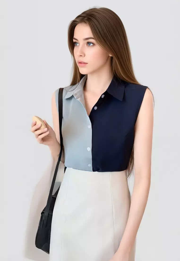 撞色背心無袖襯衫