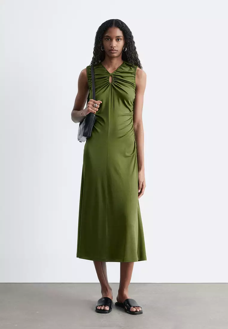 Ruched Keyhole-Neck Midi Dress