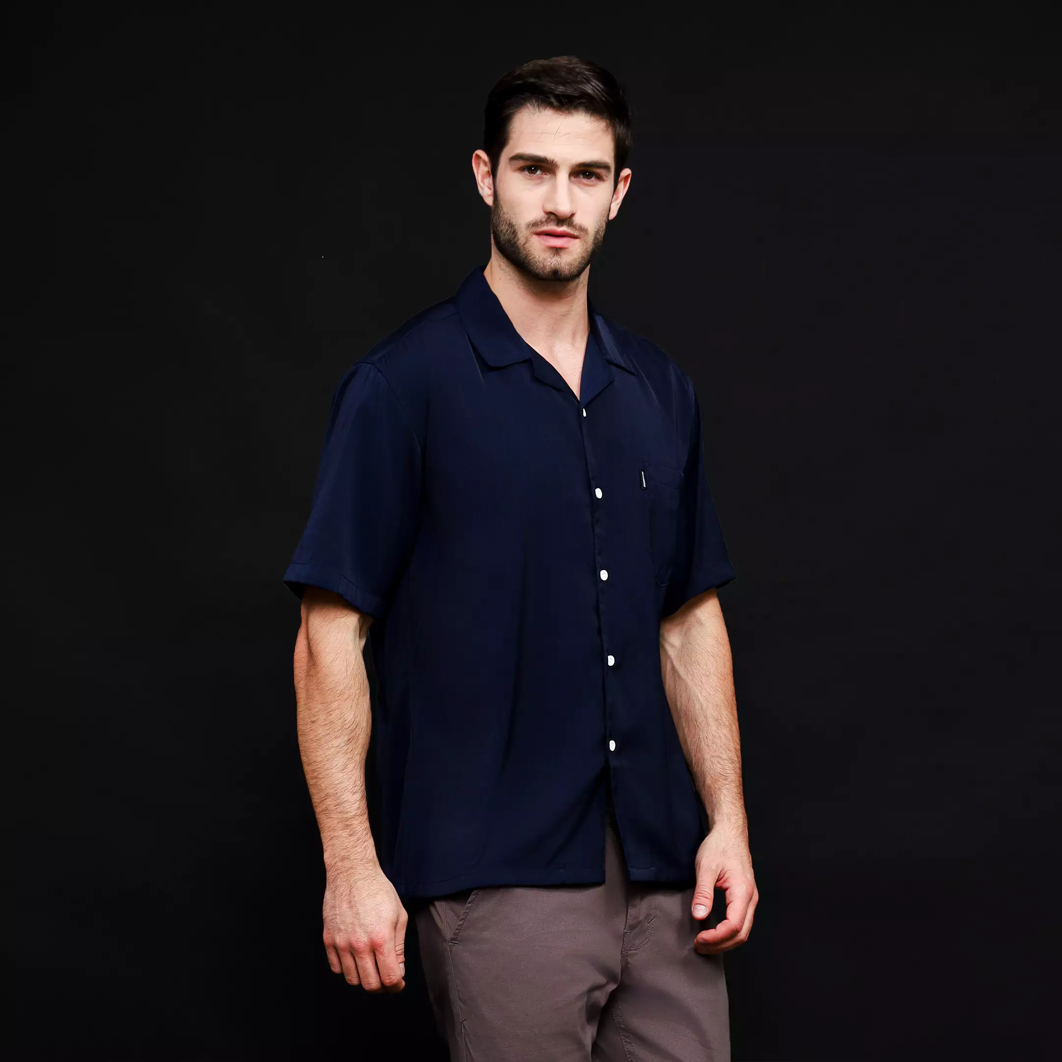 Rayon Collar Kemeja Pendek Polos Navy