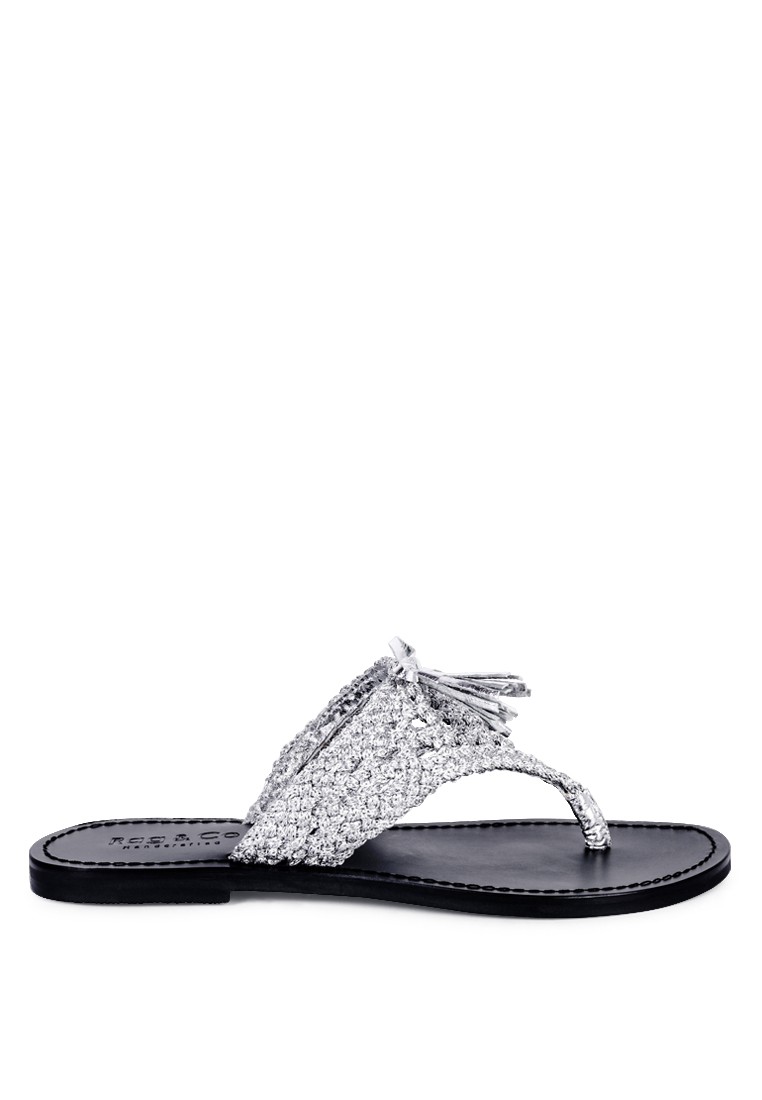 Handwoven Natural Silver Suede Tassel Thong Flats
