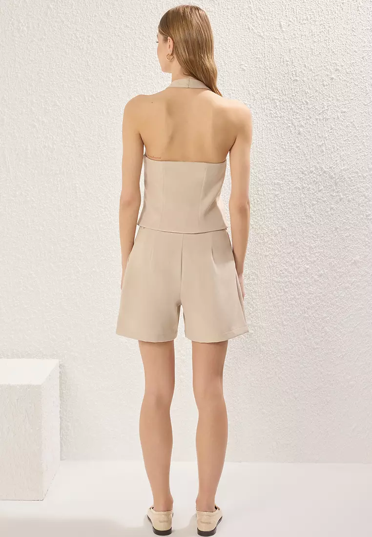 Beige Halter Neck Vest and Shorts Woven Double Bottom-Top Set TWOSS25AU00091