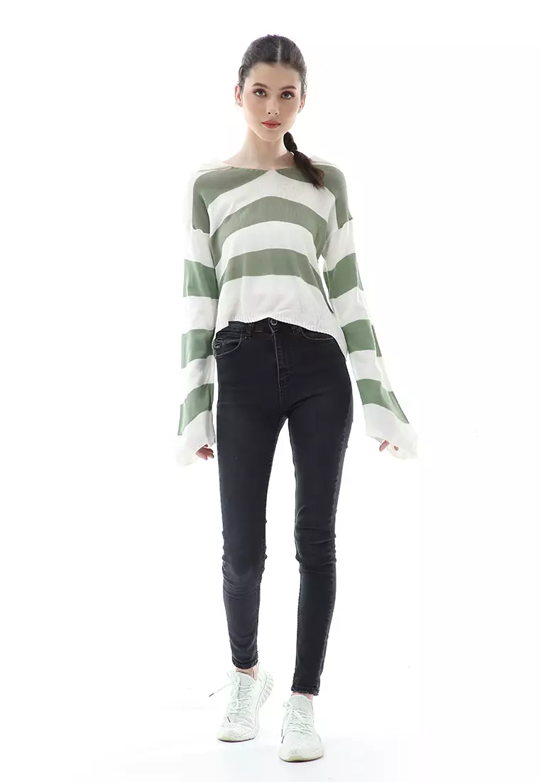 Vilia Rajut Crop Atasan Wanita Oversize Motif Stripe Garis Relaxed Fit - Mint