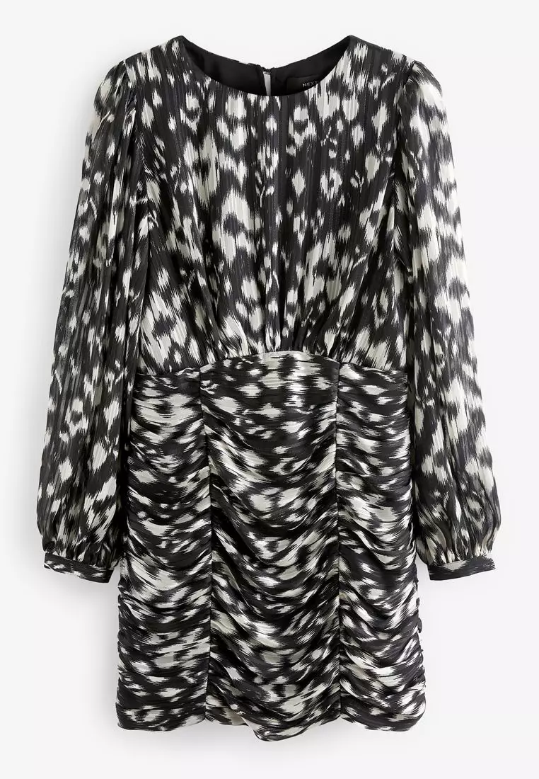 長袖皺摺迷你連衣裙