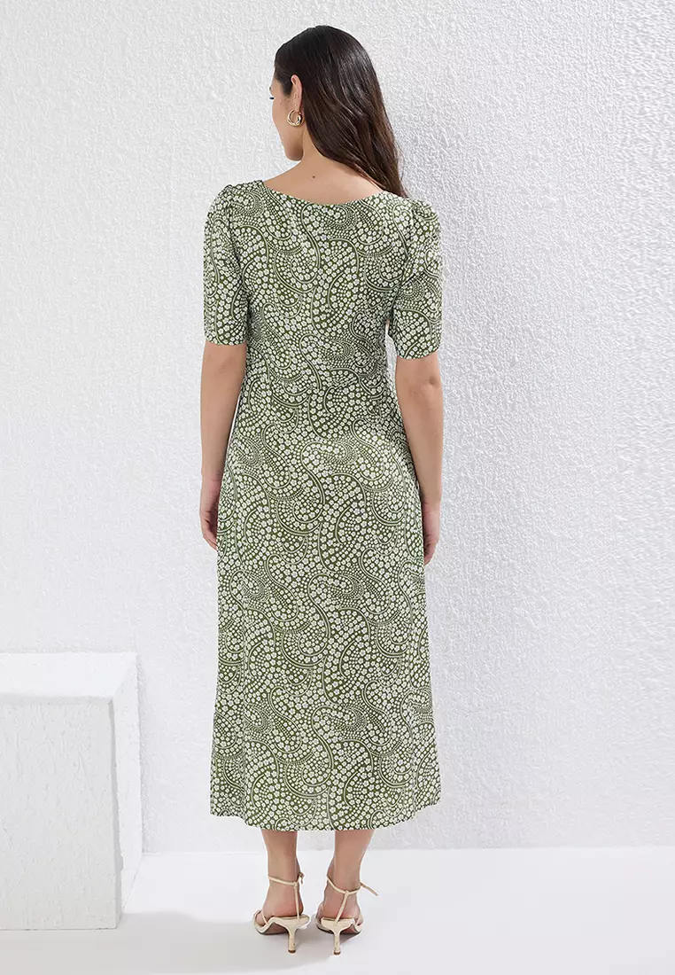 Green A-Line Shawl Patterned Midi Woven Dress TWOSS23EL00487