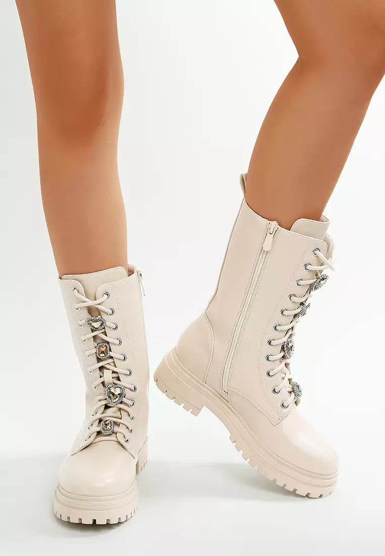 Rhinestone jewelled Chunky Boots in Beige