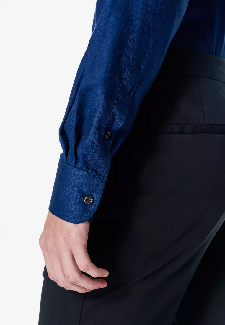 Navy Blue Herringbone Slim Fit Shirt