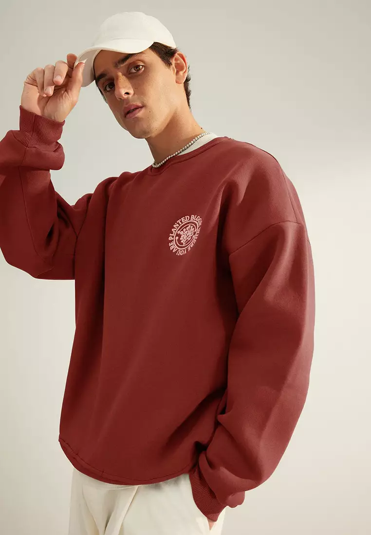 Brick Oversize/Wide Cut Floral Embroidered Polar Fleece Inside Cotton Sweatshirt TMNAW24SW00012