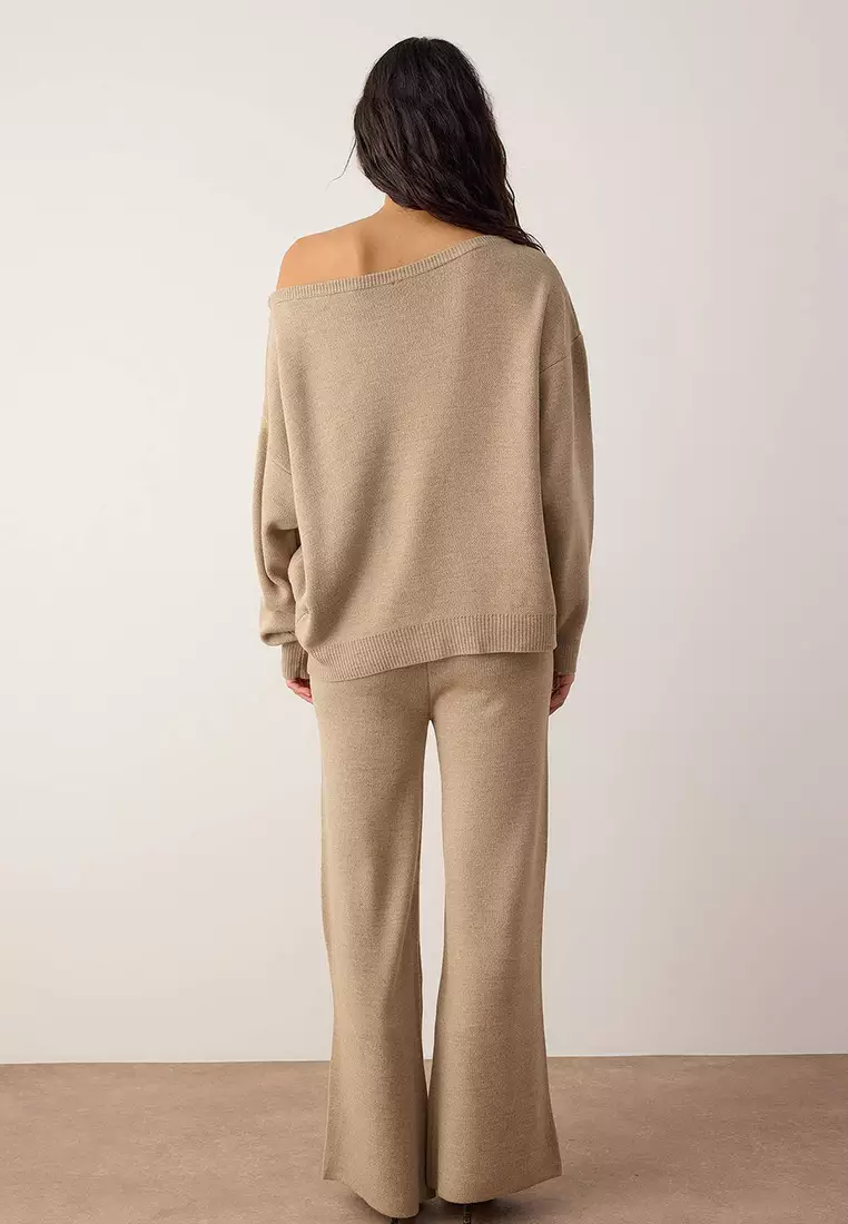 Mink Boat Neck Sweater-Pants Knitwear Bottom - Top Set Twoaw26Au43