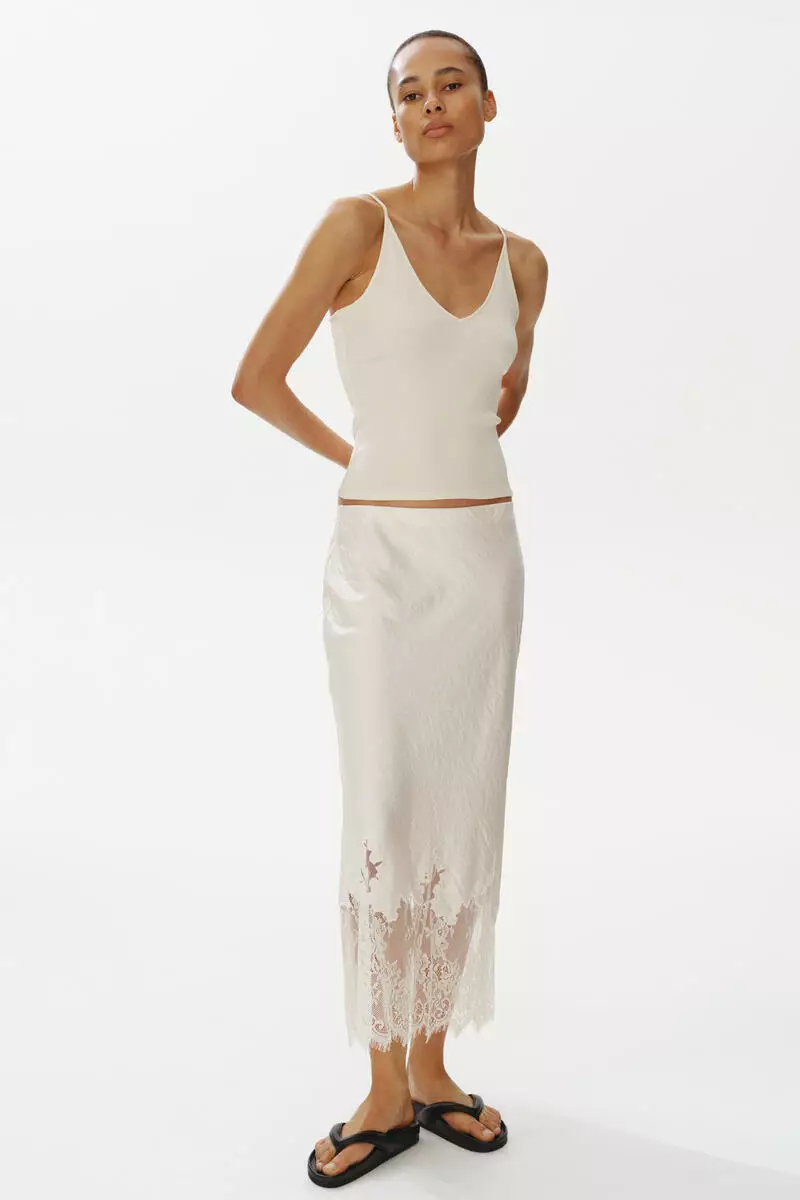 Lace-trimmed satin skirt
