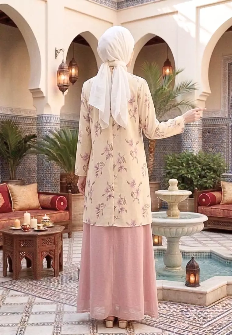 Tunik wanita butter yellow motif bunga elegan lengan 7/8 blouse muslimah premium style turki korean modest fashion By Brilliant Girl Warna KUNING