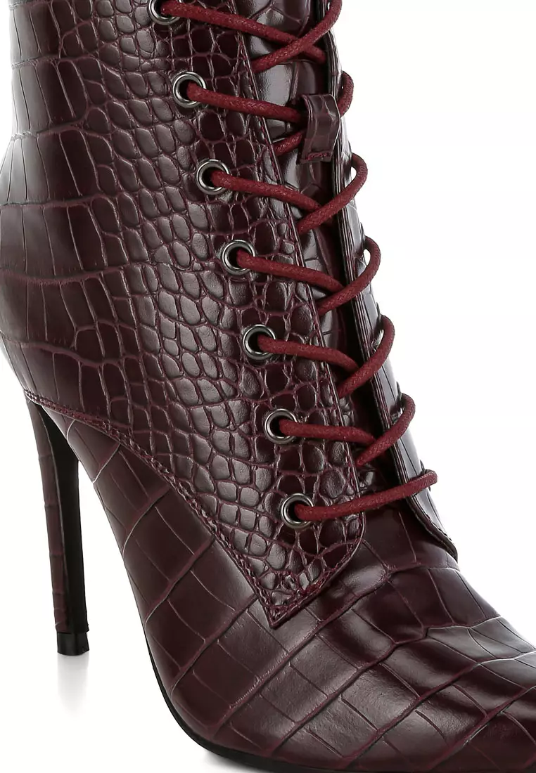 Croc Lace-Up Stiletto Boot in Burgundy