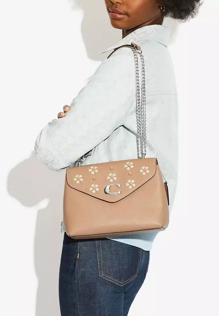 Coach Tammie Shoulder Bag With Floral Whipstitch Taupe Multi