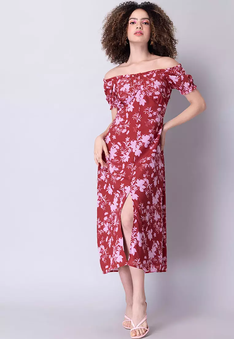 Buy FabAlley Red Floral High Slit Maxi Dress Online | ZALORA Malaysia