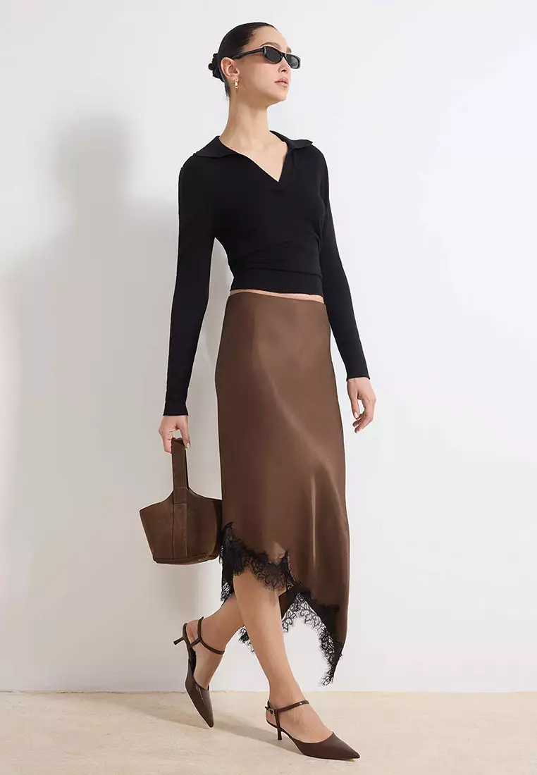 Dark Brown Asymmetric Cut Lace Detailed Woven Satin Midi Skirt Twoss26Et3
