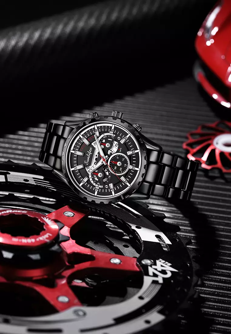 Jam Tangan Pria 8081 Kuarsa Hollow Design Kalender Tali Stainless Steel Jam Tangan Cowok Allblack