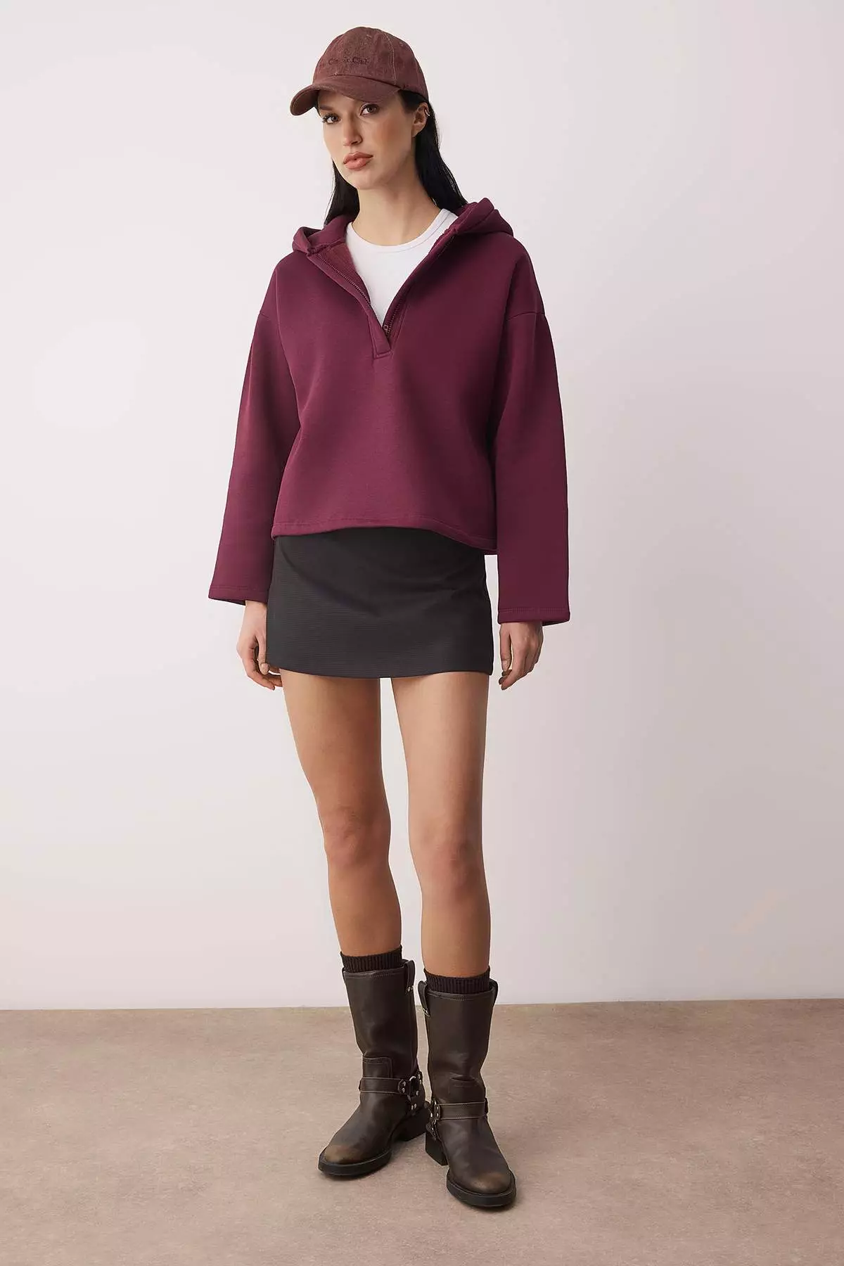 Plum Thick Fleece Inside Half Zipper O Oversized K Hooded Knitted Sweatshirt Twoaw26Sw00060