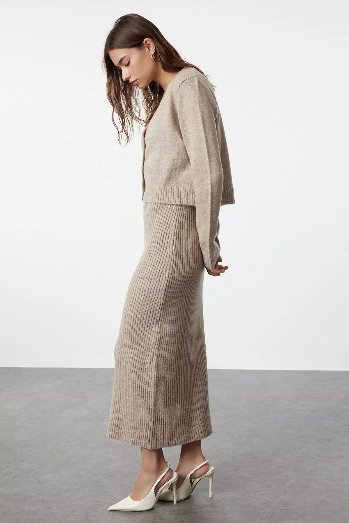 Light Brown Corded Soft Textured Knitwear Dress Cardigan Suit TCTAW25US00049