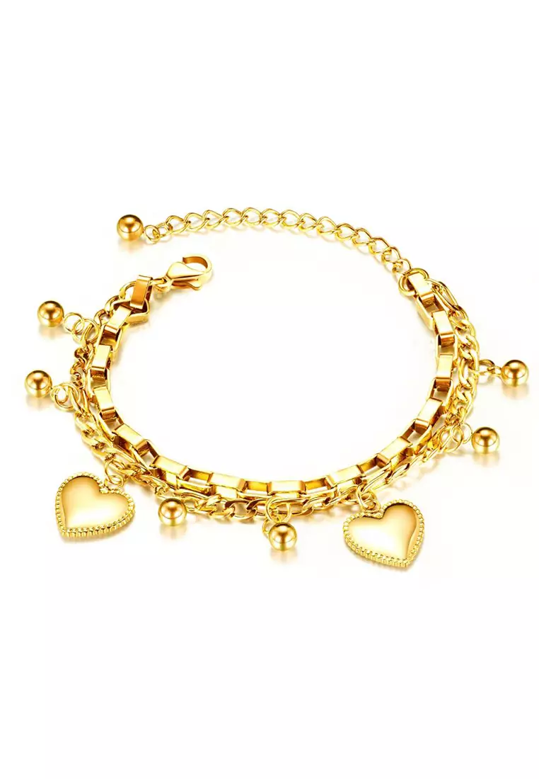 YOUNIQ SOREIZ Titanium Steel Chain Link Bracelet with Heart Dangle - Gold
