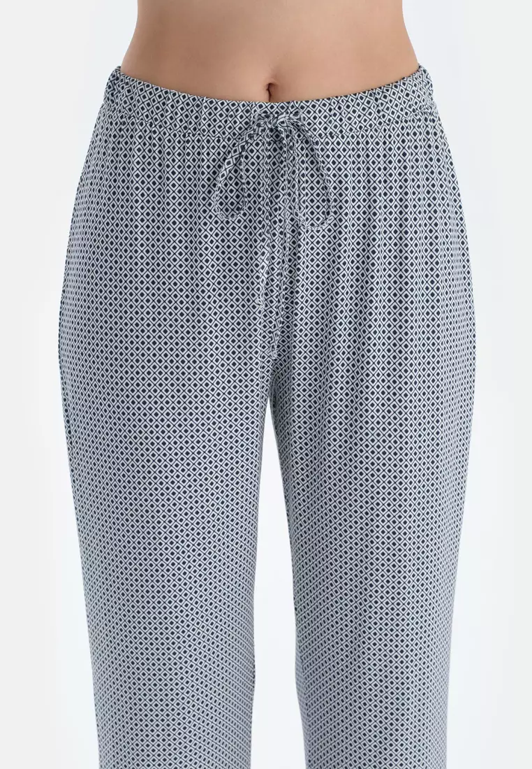 Navy Tanktop & Trousers, Geometric, V-Neck, Regular, Long Leg, Strappy Sleepwear for Women