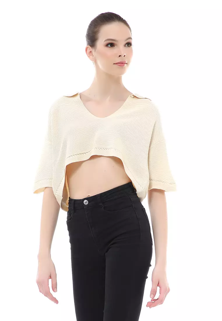 Albertine Atasan Crop Wanita Lengan Pendek Blouse Vneck Motif Polos Material Rajut ORIGINAL - Cream