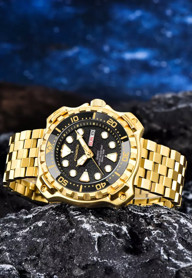 Buy LIGE FOXBOX Unisex IP Gold Stainless Steel Diver's Quartz Watch ...