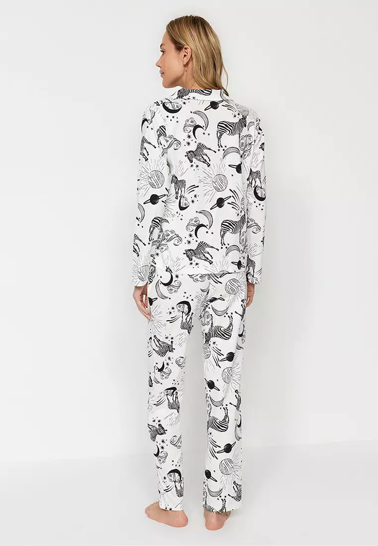 White 100% Cotton Patterned Shirt-Pants Knitted Pajama Set THMAW24PT00002