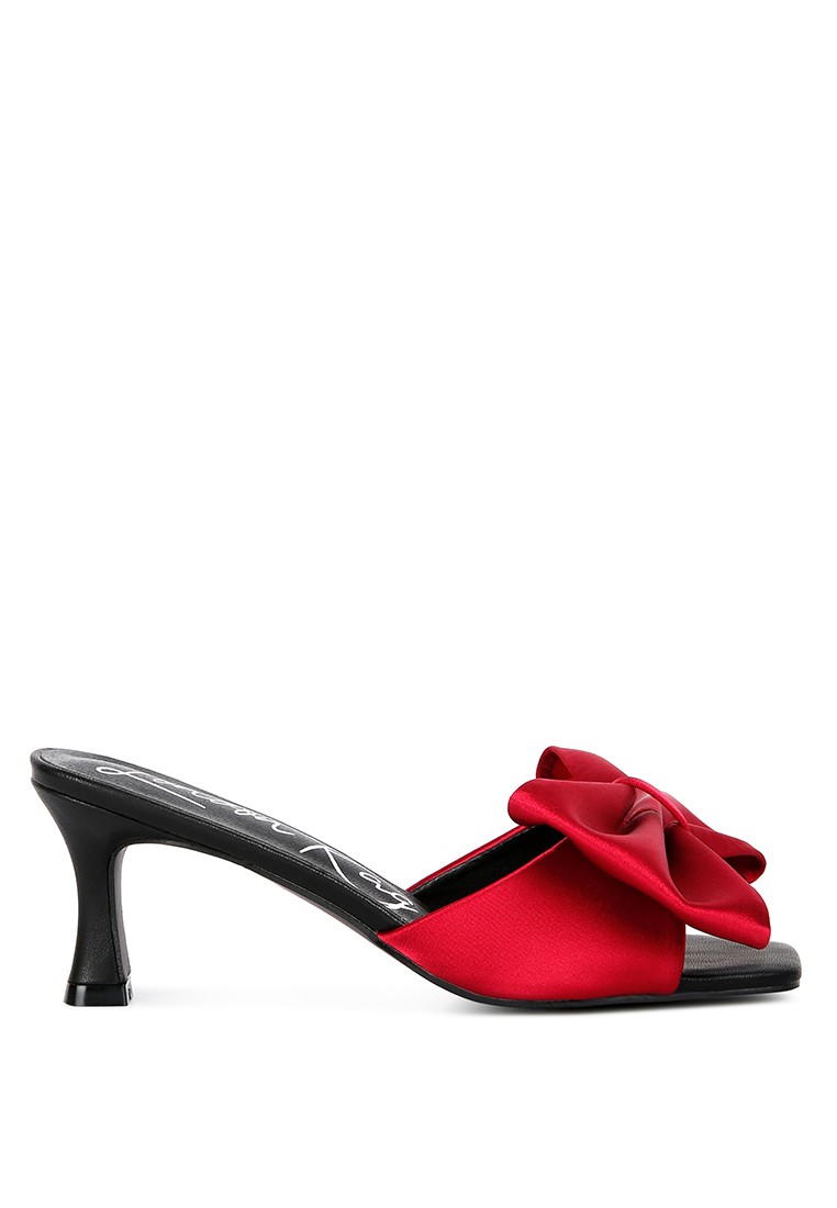 Burgundy Satin Bow Kitten Heel Sandals