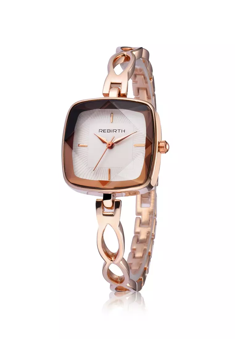 REBIRTH jam tangan wanita tali stainless steel square tahan air kuarsa