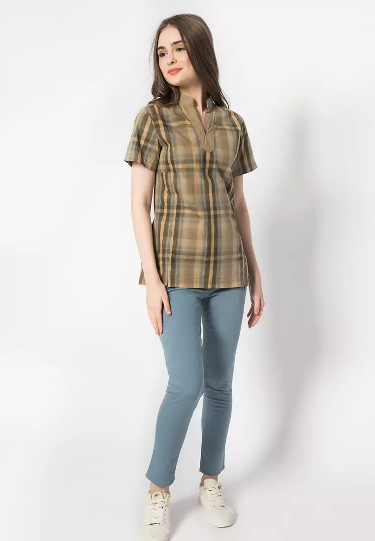 LGS Kemeja Wanita Slim Fit Coklat Motif Salur LLSH.380.WD705.506.7C