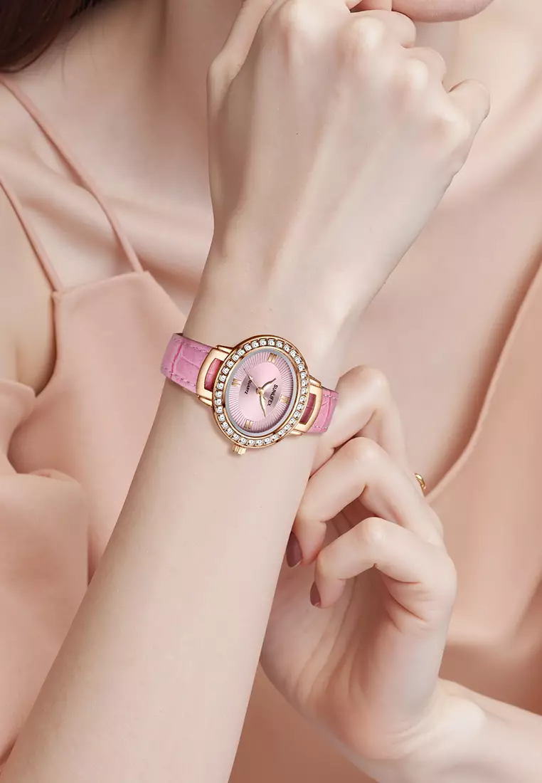 Jam Tangan Wanita Original Korea Kuarsa Antik Tali Kulit Kasual Oval Jam Tangan Cewek E052 pink