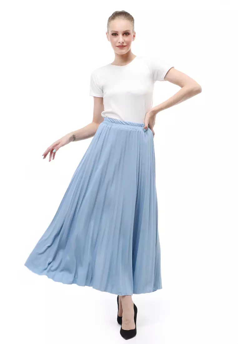 Skirt Plisket Bawahan Wanita Motif Polos Relaxed Fit - Dusty Blue