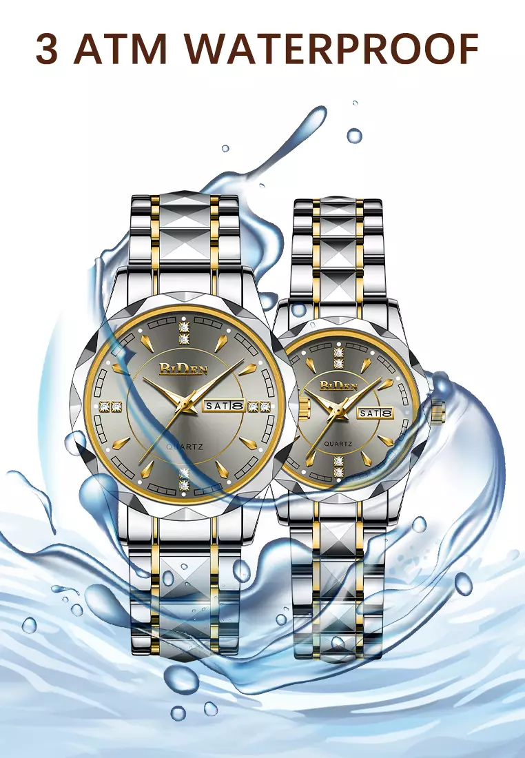 BIDEN Jam Tangan Couple Pasangan Anti Air Original Kalender Bercahaya Luminous Stainless Steel Analog Couple Watch abu-abu