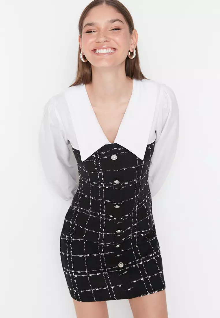 Black A-Line Shirt Collar Tweed Mini Woven Dress