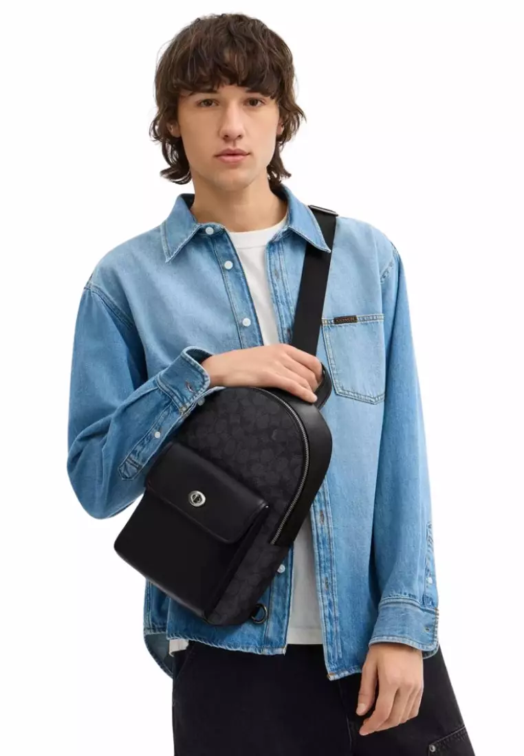 Coach Turnlock In Signature Canvas Sling Bag In Charcoal Black CAJ92