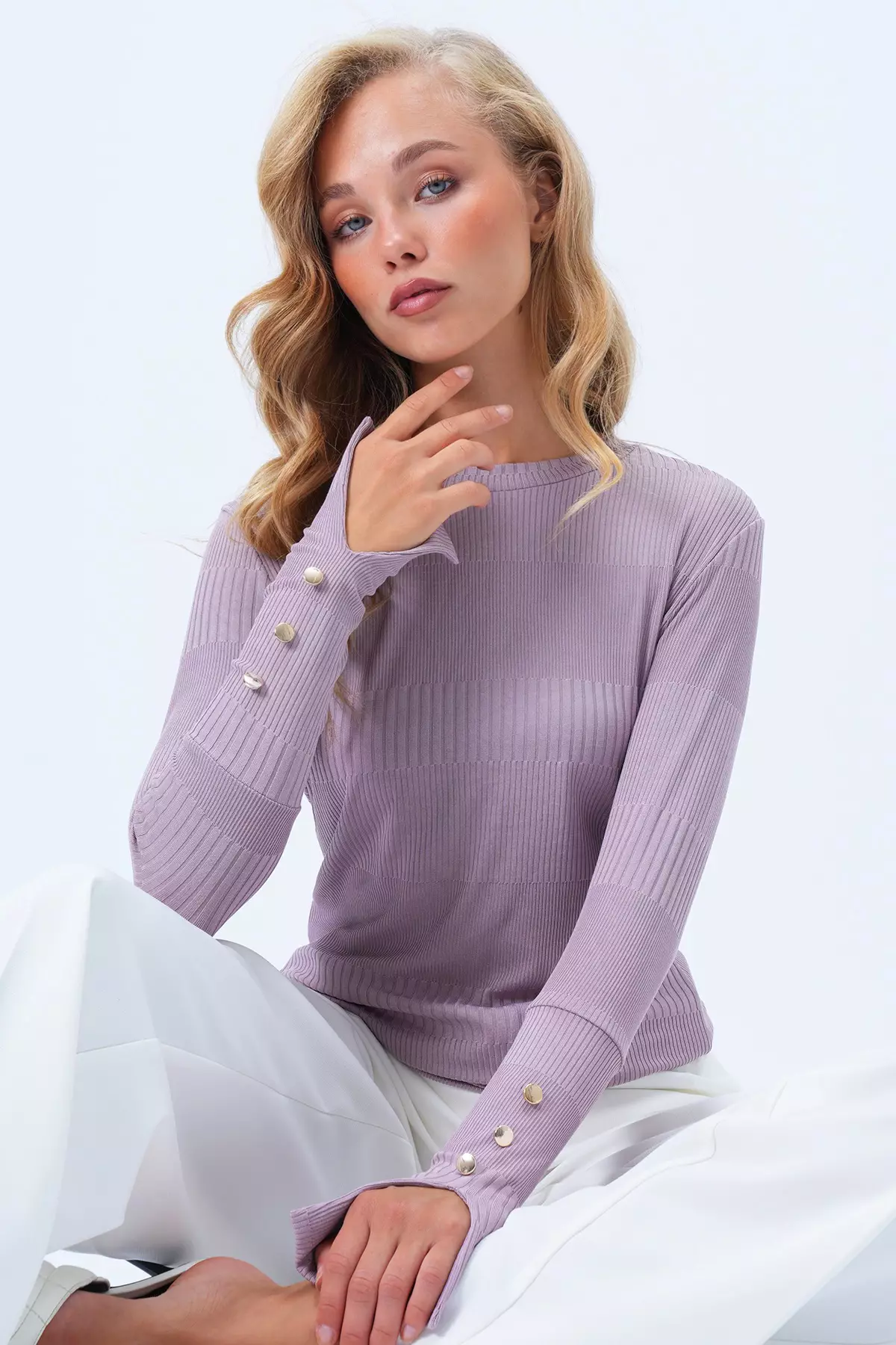 Women's Lilac Crew Neck Self-Patterned Button Detailed Basic Mercerized Blouse Alc-X14417