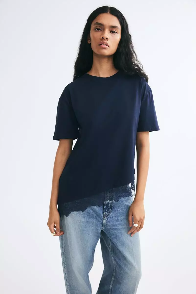 Asymmetric lace-trimmed T-shirt