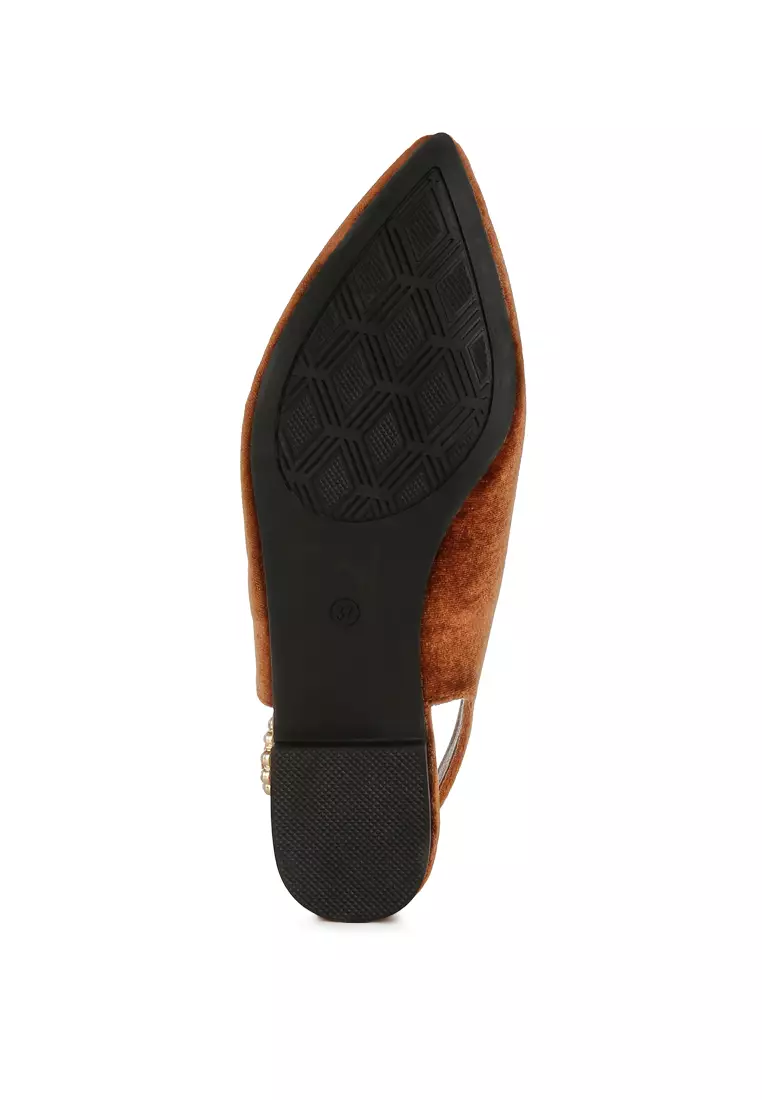 Velvet Slingback Flat Sandals in Brown