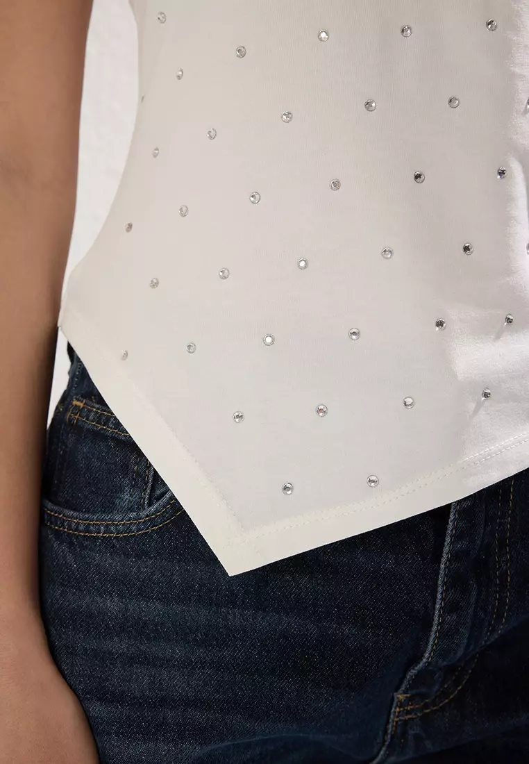 White Stone Asymmetric Fitted/Fits Body Knitted T-Shirt Twoss25Bz00277