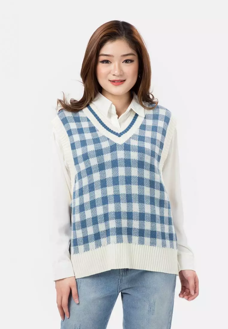 Big Checker Knit Vest in Blue