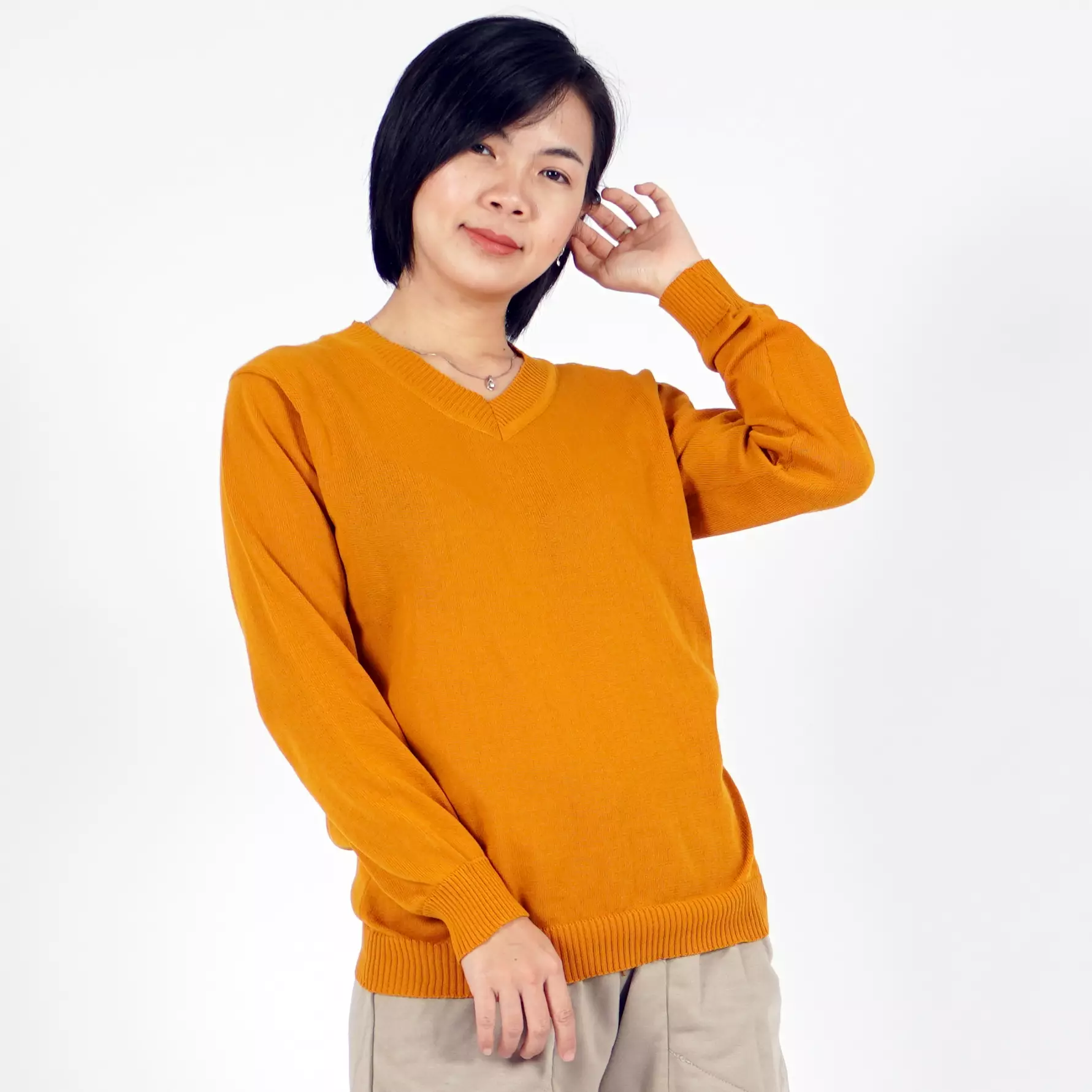  Vanessa Knit Outer Rajut Leher V Neck Sweater Rajut Wanita - CARAMEL