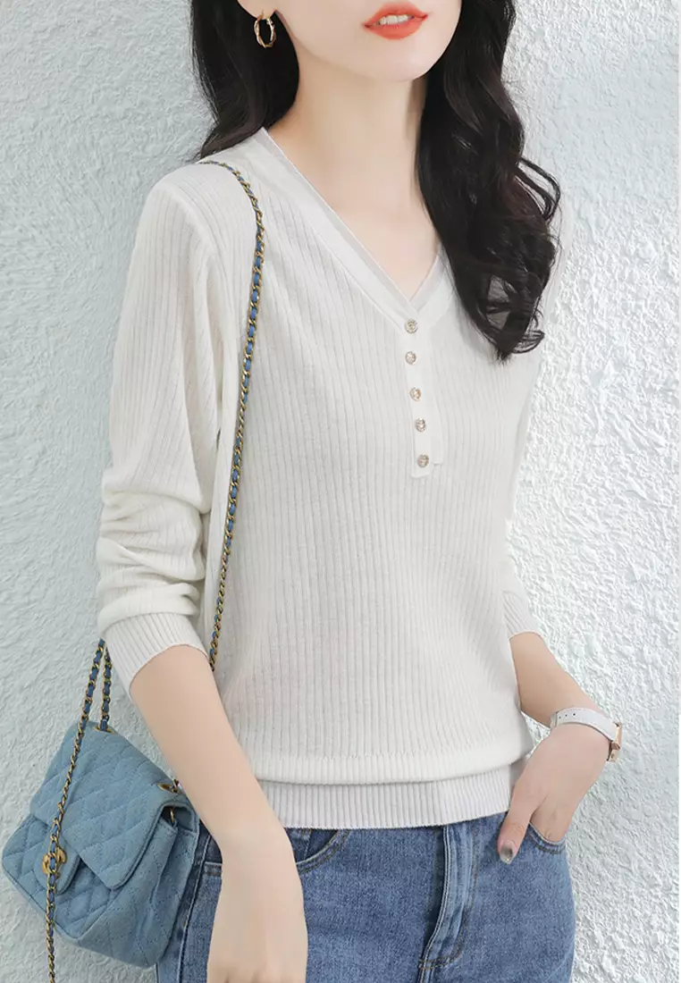 Elegant V Neck Long Sleeved Sweater