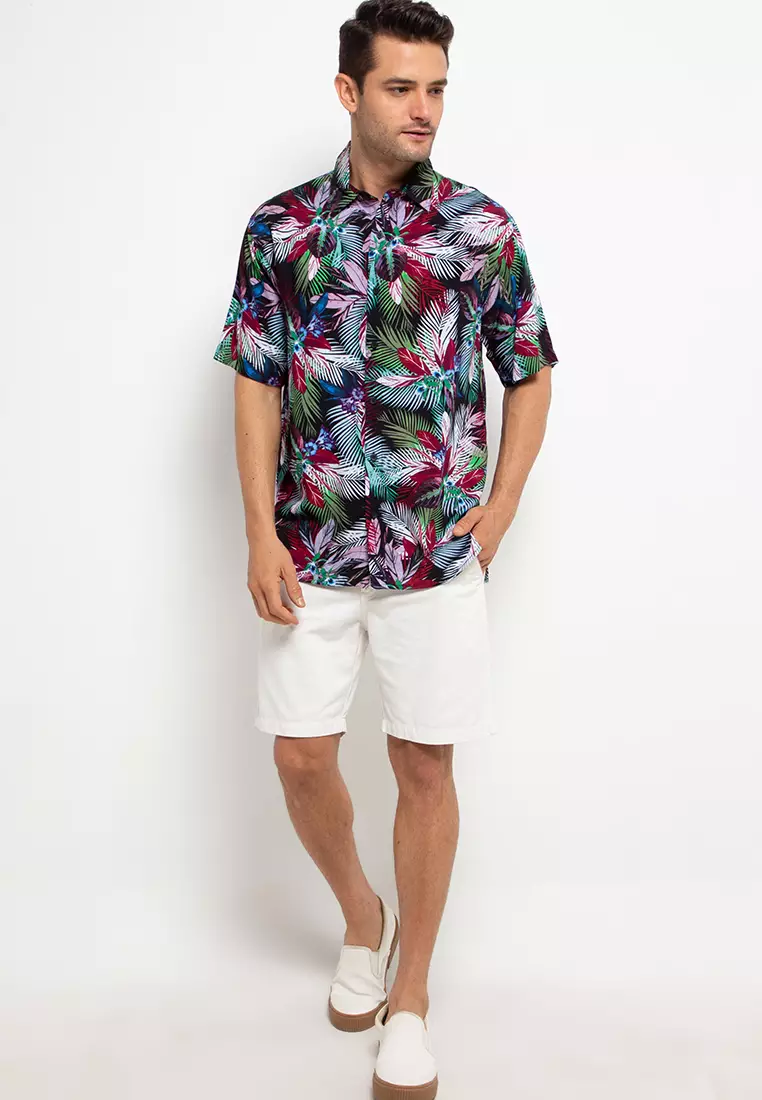 Nade Japan NTA12 Kemeja Pria Kasual Motif Tropical Merah Pink