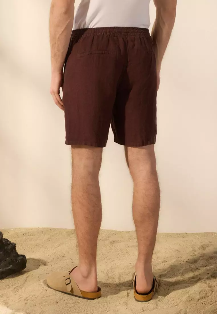 Brown Limited Edition 100% Linen Regular Fit Shorts & Bermuda TMNSS24SR00050