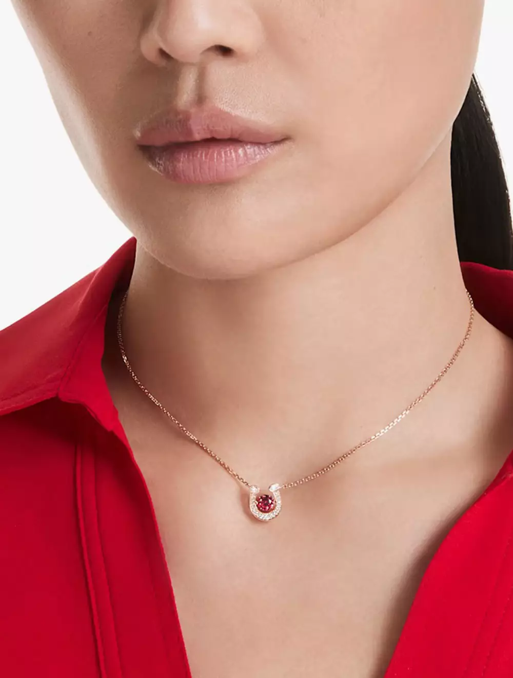 Symbolica pendant, Round cut, Pavé, Horse shoe, Red, Rose gold-tone plated