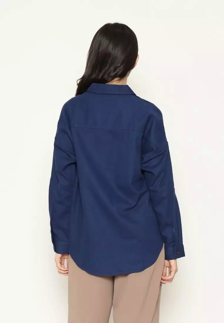 Urban Exchange Ariana Waffle Navy Shirt - Atasan Kemeja Outer Navy